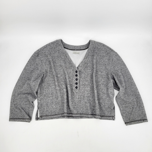 Urban Outfitters Oversized Boxy Cropped Sweater Ribbed Knit Henley Button Gray L - Picture 1 of 7